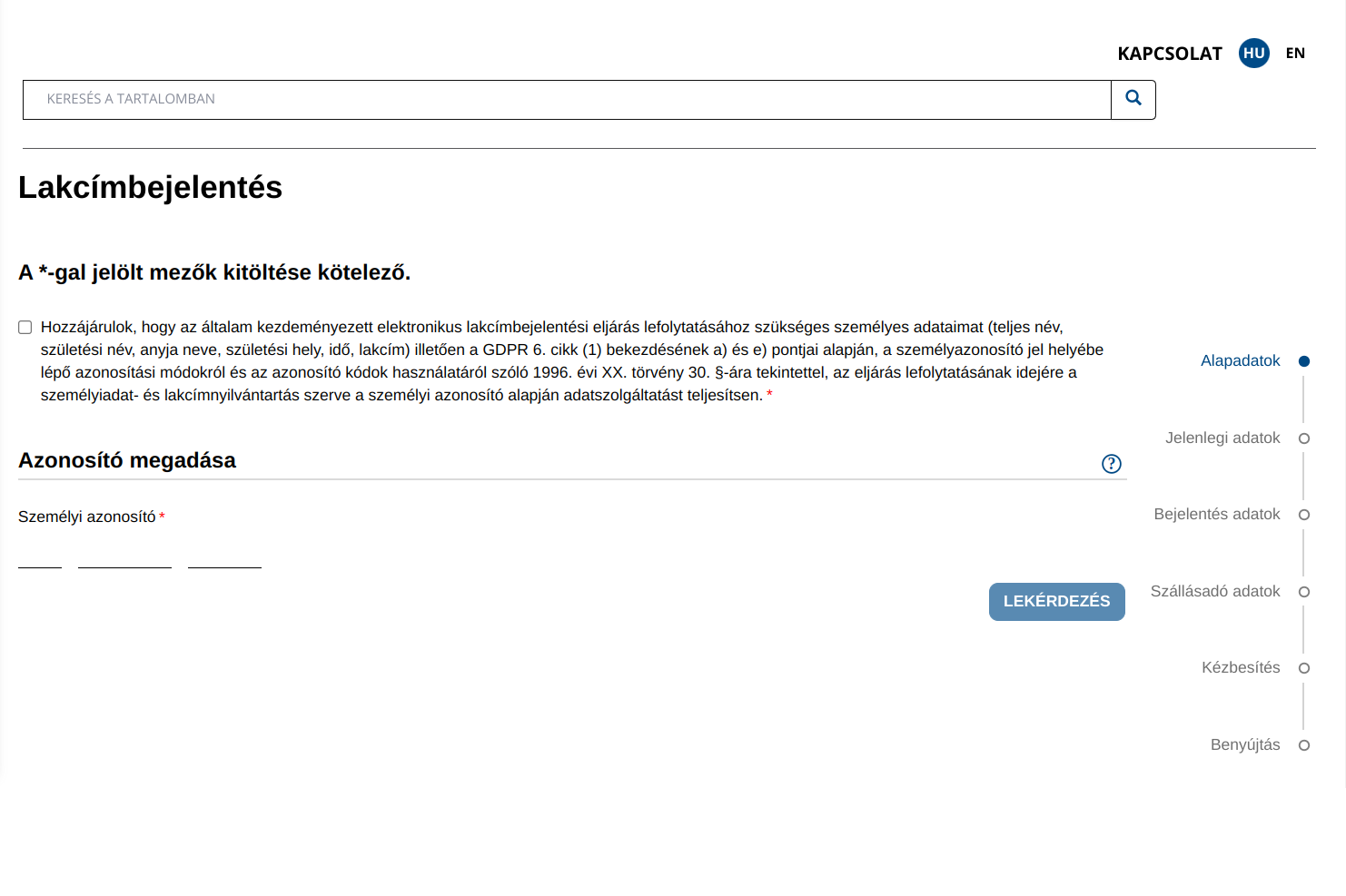 Lakcímbejelentés képernyőkép