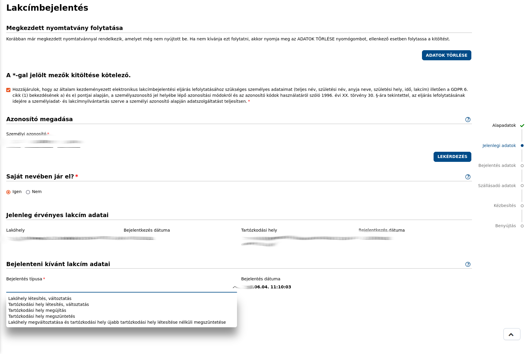 Lakcímbejelentés képernyőkép