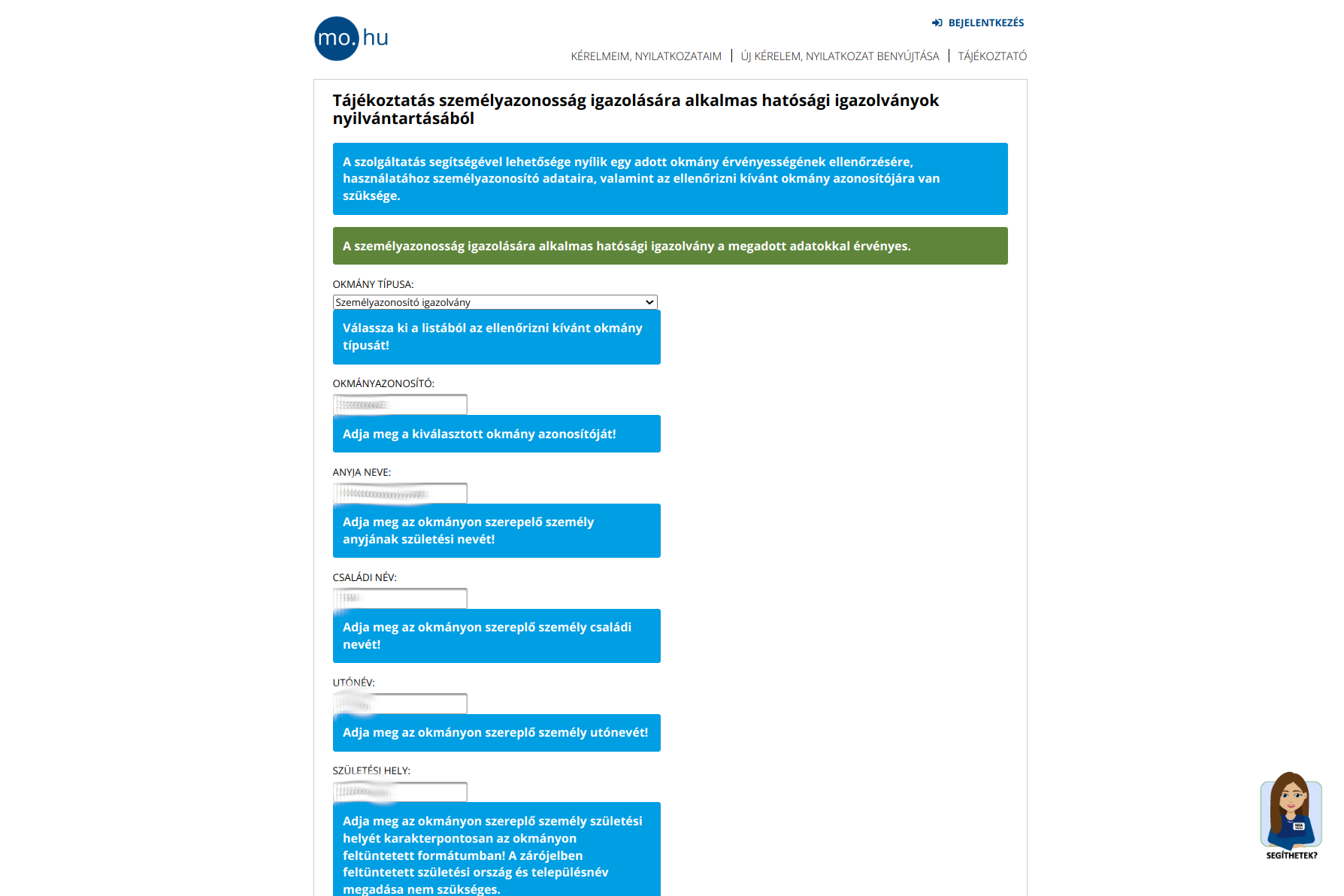 Okmány ellenőrzés képernyőkép